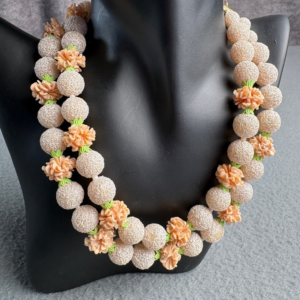 Vintage Double Strand Sugar Bead Floral Necklace Peach Cream Gold Tone Hook 19"
